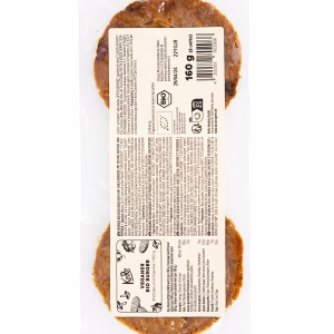 Eine Packung mit zwei Stück veganem Burger-Fleisch liegt in Plastikfolie verpackt vor einem weißen Hintergrund. Auf dem Etikett stehen diverse Informationen vom Händler