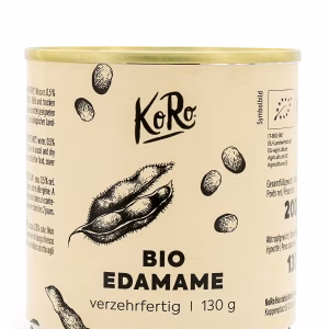 Eine Dose Bio Edamame verzehrfertig 130g steht vor einem weißen Hintergrund.