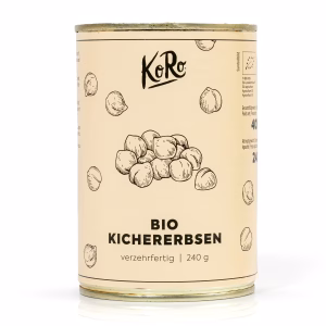 Eine Dose Bio Kichererbsen steht vor weißem Hintergrund