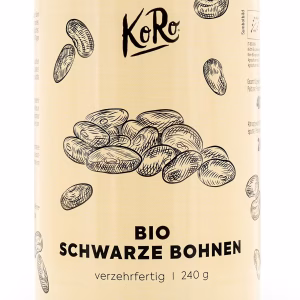 Eine Dose schwarze Bio Bohnen steht vor weißem Hintergrund